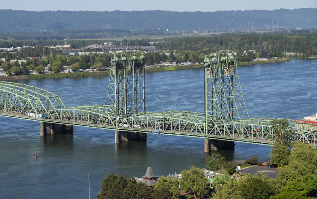 The Interstate 5 bridge pictured from the air on Tuesday, May 11, 2021.