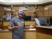 Veteran Joshua Kenney gives an emotional thank you to those who helped him during his time in the Veterans Therapeutic Court while taking part in the program's commencement ceremony May 24 at the Clark County Courthouse.