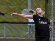 Union junior Ariel Ammentorp throws the discus in a 4A/3A Greater St. Helens League dual on Tuesday, May 25, 2021, at Union High School. Ammentorp, a three-sport athlete, quickly took a liking to the hammer throw last summer and now garners college interest from Arizona, USC and Army.