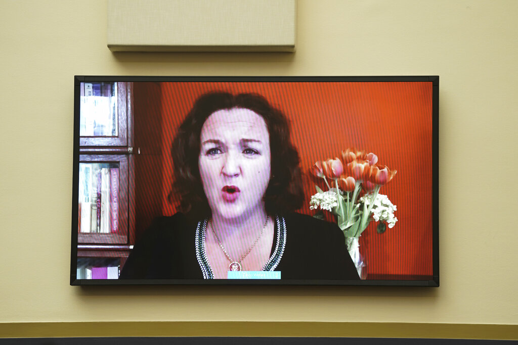 Rep. Katie Porter, D-Calif., speaks via teleconference during a House Financial Services Committee hearing on Capitol Hill in Washington, Wednesday, Dec. 2, 2020.