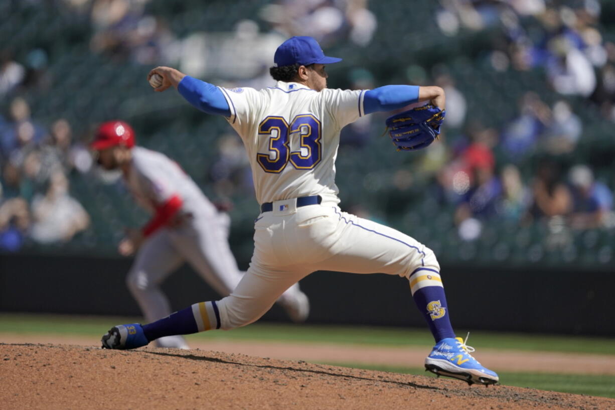 Seattle Mariners starting pitcher Justus Sheffield throws against the Los Angeles Angels during the sixth inning of a baseball game, Sunday, May 2, 2021, in Seattle. (AP Photo/Ted S.