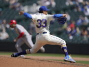 Seattle Mariners starting pitcher Justus Sheffield throws against the Los Angeles Angels during the sixth inning of a baseball game, Sunday, May 2, 2021, in Seattle. (AP Photo/Ted S.