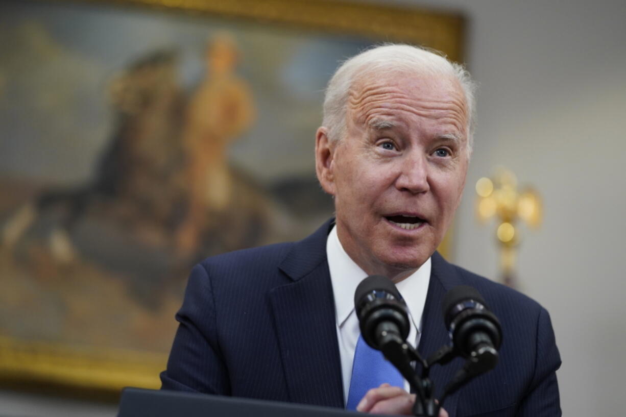 In this May 13, 2021 file photo, President Joe Biden speaks in the Roosevelt Room of the White House in Washington.  Biden is doubling U.S. emergency spending to help communities prepare for hurricanes and other extreme weather events, while launching a new effort at NASA to better understand and track the impacts of climate change.