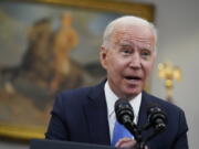 In this May 13, 2021 file photo, President Joe Biden speaks in the Roosevelt Room of the White House in Washington.  Biden is doubling U.S. emergency spending to help communities prepare for hurricanes and other extreme weather events, while launching a new effort at NASA to better understand and track the impacts of climate change.