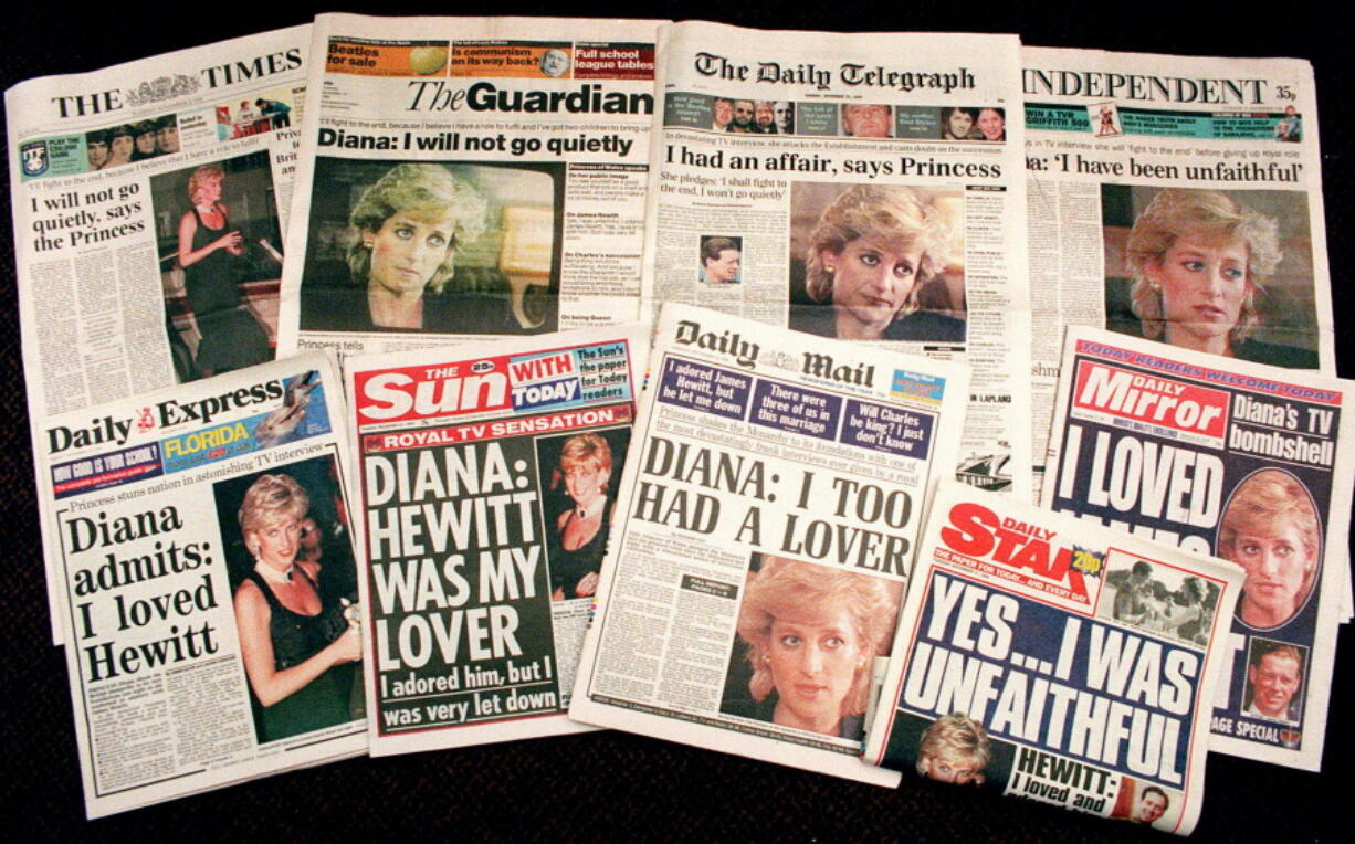 FILE - In this Nov. 21, 1995 file photo a selection of front pages of most of Britains's national newspapers showing their reaction to Princess Diana's television interview with BBC journalist Martin Bashir. Prince William and his brother Prince Harry have issued strongly-worded statements criticizing the BBC and British media for unethical practices after an investigation found that Bashir used "deceitful behavior" to secure Princess Diana's most explosive TV interview in 1995.