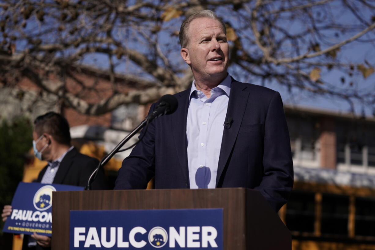 FILE - In this Feb. 2, 2021, file photo, Republican gubernatorial candidate Kevin Faulconer speaks during a news conference in the San Pedro section of Los Angeles. Faulconer announced Wednesday, May 12, 2021, that he wants to eliminate state income tax for some low- and middle-income people if he's elected. He would need support in the Democratically controlled state Legislature. (AP Photo/Jae C.