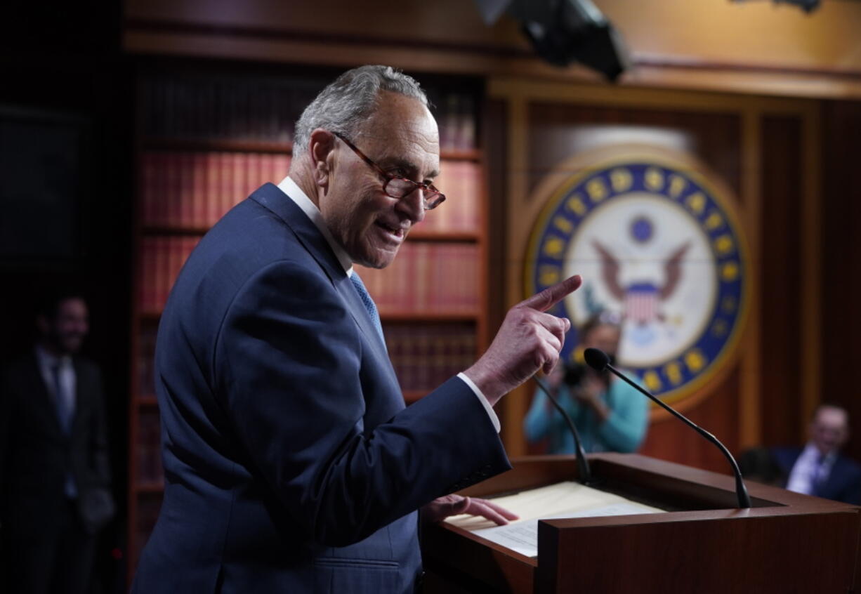 Senate Majority Leader Chuck Schumer, D-N.Y., speaks to reporters after final votes going into the Memorial Day recess, at the Capitol in Washington, Friday, May 28, 2021. Senate Republicans successfully blocked the creation of a bipartisan commission to study the Jan. 6 attack on the Capitol by rioters loyal to former President Donald Trump. (AP Photo/J.