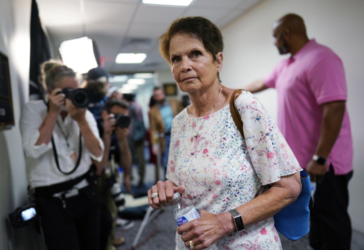 Gladys Sicknick, mother of the late Capitol Police officer Brian Sicknick, arrives at the office of Sen. Ron Johnson, R-Wisc., at the Capitol in Washington, Thursday, May 27, 2021. (AP Photo/J.