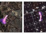 This combination of satellite images provided by the Kayrros data analytics company shows methane plumes, captured using specialized sensors overlaid on optical photos, rising from natural gas sites in Aliso Canyon north of Los Angeles on Oct. 26, 2015, left, and the Permian Basin in Texas on Nov. 8, 2020. According to a United Nations report released on Thursday, May 6, 2021, cutting the super-potent greenhouse gas methane quickly and dramatically is the world's best hope to slow and limit the worst of global warming.