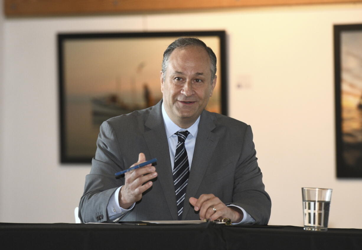 Doug Emhoff, husband of Vice President Kamala Harris, speaks during a roundtable discussion with local restaurant owners at the Annapolis Maritime Museum and Park, in Annapolis, Md., on Tuesday, May 18, 2021. (Paul W.