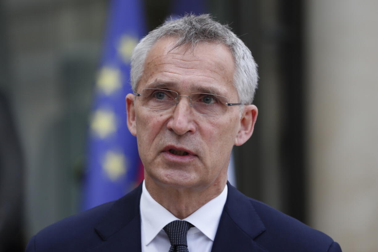 NATO Secretary General Jens Stoltenberg speaks to reporters after his talks with French President Emmanuel Macron at the Elysee palace, Friday, May 21, 2021 in Paris.