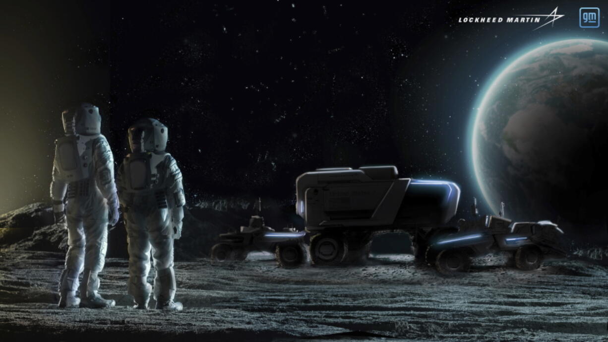 This illustration provided by General Motors and Lockheed Martin in May depicts astronauts and concepts of lunar rovers on the surface of the moon. On May 26, Lockheed and GM announced that they would combine their technological and manufacturing expertise to build the electric vehicles for NASA's Artemis program, named after the twin sister of Apollo in Greek mythology.