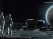 This illustration provided by General Motors and Lockheed Martin in May depicts astronauts and concepts of lunar rovers on the surface of the moon. On May 26, Lockheed and GM announced that they would combine their technological and manufacturing expertise to build the electric vehicles for NASA's Artemis program, named after the twin sister of Apollo in Greek mythology.