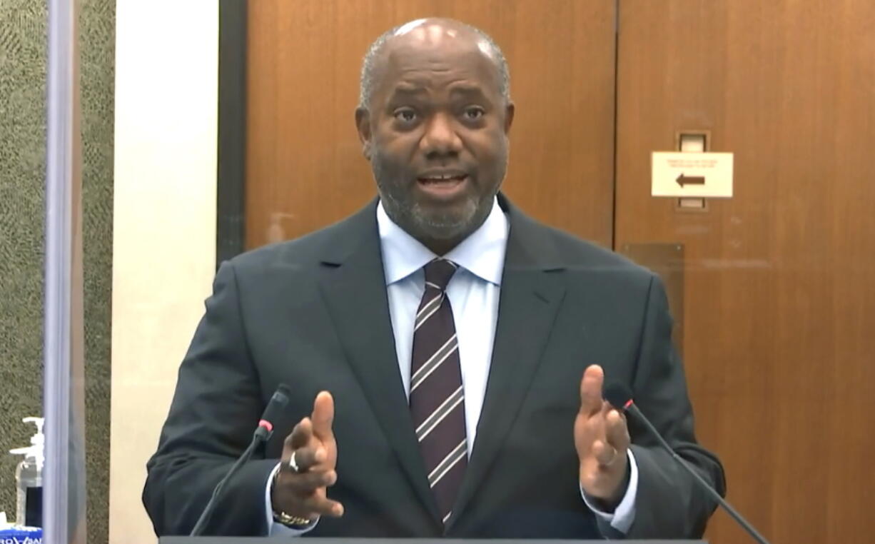 FILE - In this April 15, 2021, file image from video, prosecutor Jerry Blackwell speaks as Hennepin County Judge Peter Cahill discusses motions before the court in the trial of former Minneapolis police Officer Derek Chauvin for the 2020 death of George Floyd in Minneapolis, Minn.