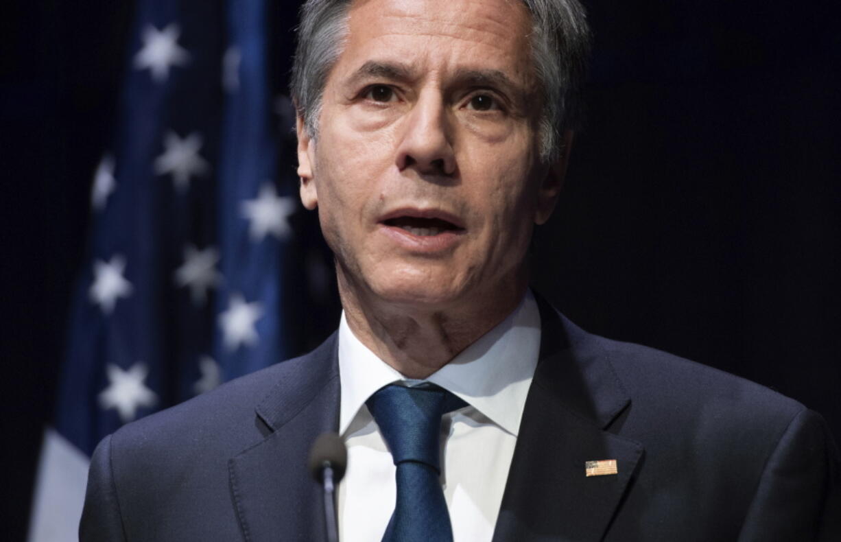 US Secretary of State Antony Blinken speaks during a joint press conference following meetings with the Icelandic Foreign Minister Gudlaugur Thor Thordarson, at the Harpa Concert Hall in Reykjavik, Iceland, Tuesday, May 18, 2021.  Blinken is touting the Biden administration's abrupt shift in its predecessor's climate policies as he visits Iceland for talks with senior officials from the world's Arctic nations.