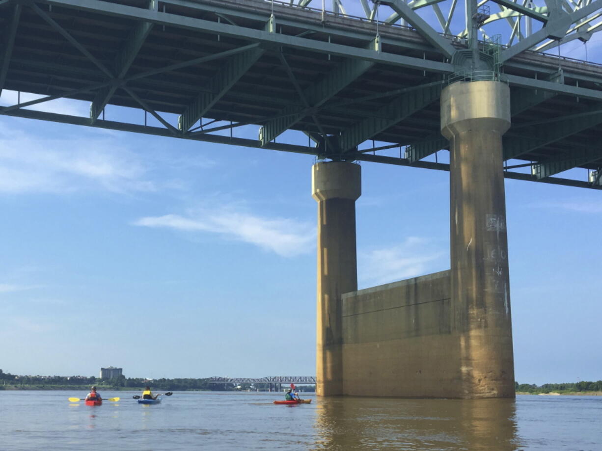 In this 2016 photo provided by Barry W. Moore, the Interstate 40 bridge is seen from the Mississippi River, between Arkansas and Tennessee. A cracked steel beam, seen above, prompted the indefinite closure of the bridge. (Barry W.