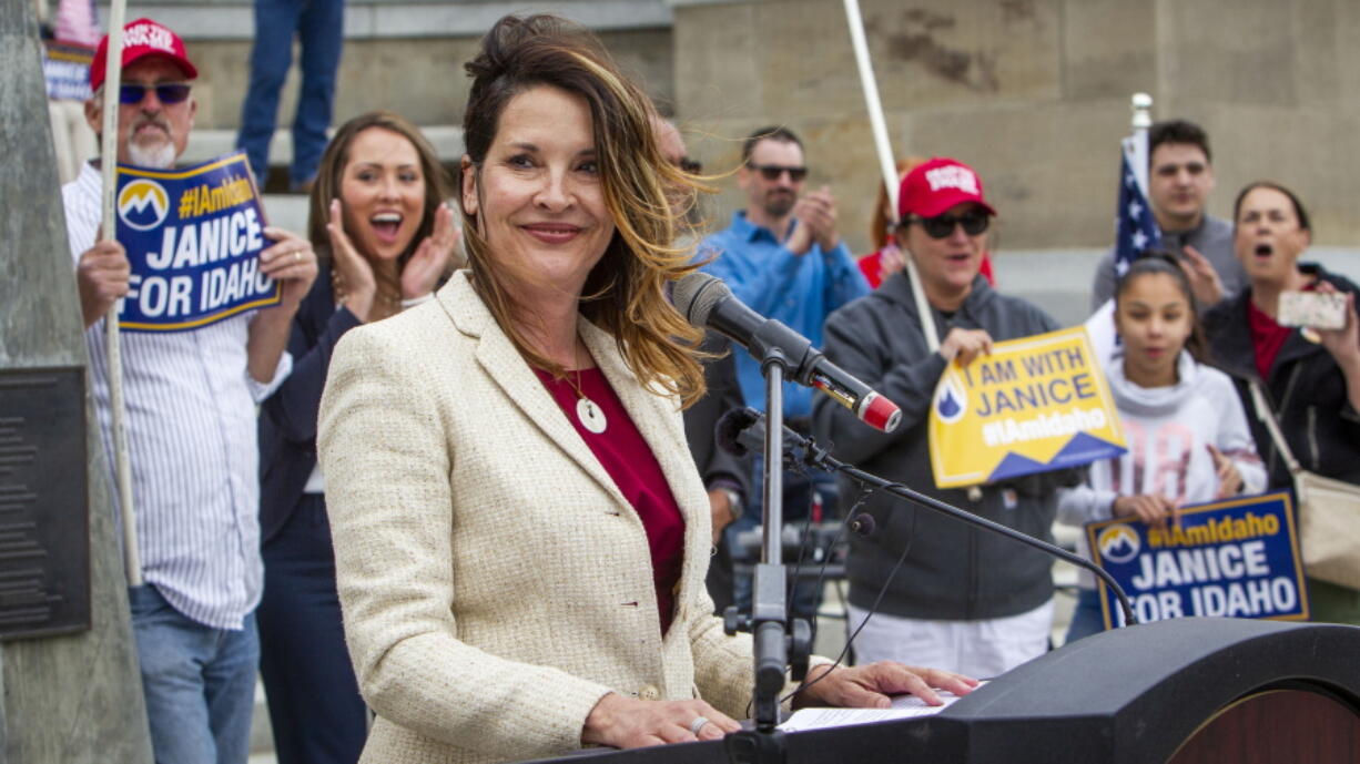 FILE - In this May 19, 2021, file photo, Lt. Gov. Janice McGeachin announces her candidacy to become governor of Idaho at a rally on the Statehouse steps in Boise, Idaho. Lt. Gov. McGeachin on Thursday, May 27, 2021, issued an executive order banning mask mandates statewide among state political entities and schools. McGeachin is acting governor while Republican Gov. Brad Little is out of state at the Republican Governors Association conference.