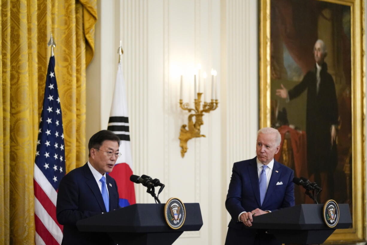 FILE - In this May 21, 2021, file photo, President Joe Biden listens as South Korean President Moon Jae-in speaks during a joint news conference in the East Room of the White House, in Washington. North Korea said Monday, May 31, the U.S.