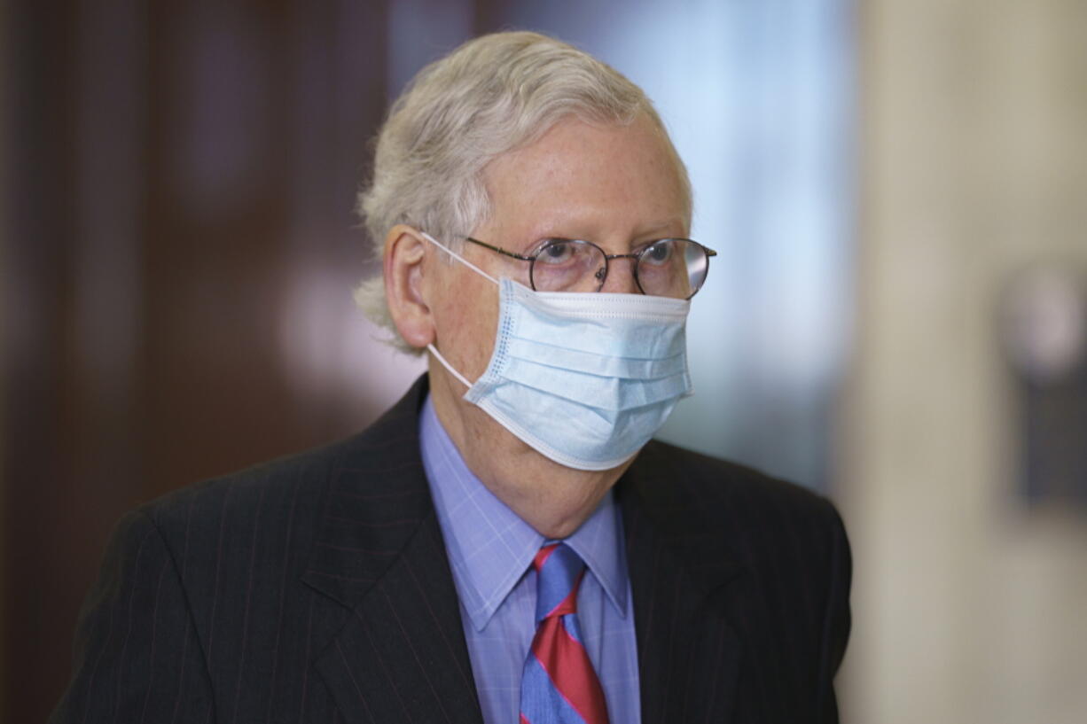 Senate Minority Leader Mitch McConnell, R-Ky., leaves a meeting with fellow Republicans on Capitol Hill in Washington, Thursday, April 29, 2021, the day after President Joe Biden addressed Congress on his first 100 days in office. (AP Photo/J.