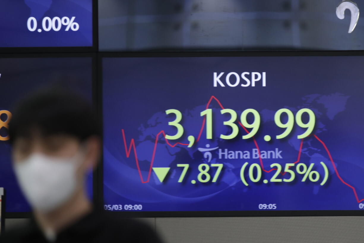 A currency trader walks by a screen showing the Korea Composite Stock Price Index (KOSPI) at a bank's foreign exchange dealing room in Seoul, South Korea, Monday, May 3, 2021. Shares were mostly lower in Asia in thin trading Monday, with many markets including those in Tokyo and Shanghai closed for holidays.