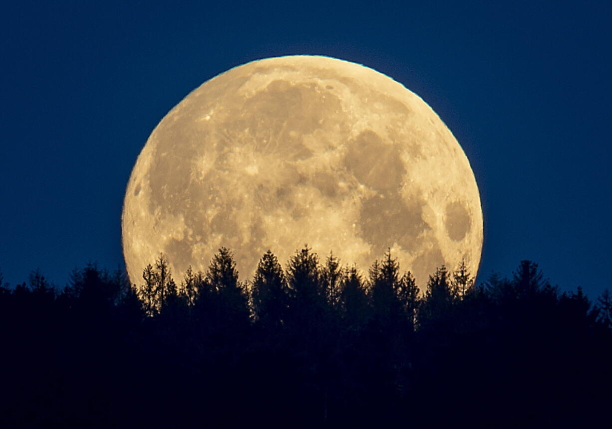 FILE - In this Thursday, May 7, 2020 file photo, the full moon sets behind trees in the Taunus region near Frankfurt, Germany. The European Space Agency, ESA, national counterparts and private companies are presenting their vision Thursday to put satellites in orbit around the moon, to make future missions to Earth's closest neighbor easier.