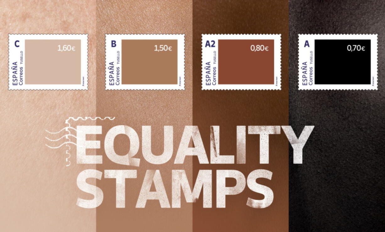 This photo released by Spain's postal service Correos on Friday May 28, 2021, shows a set of four stamps to signify different skin-colored tones. Spain's postal service is feeling a backlash from its well-intentioned effort to highlight racial inequality. The company this week issued a set of four stamps in different skin-colored tones. The darker the stamp, the lower the price. The postal service calls them "Equality Stamps" and launched them on the first anniversary of George Floyd's murder in Minneapolis. It said the stamps "reflect an unfair and painful reality that shouldn't be allowed." The state-owned company's goal was to "shine a light on racial inequality and promote diversity, inclusion and equal rights." But critics are accusing it of having a tin ear for racial issues and misreading Black sentiment.