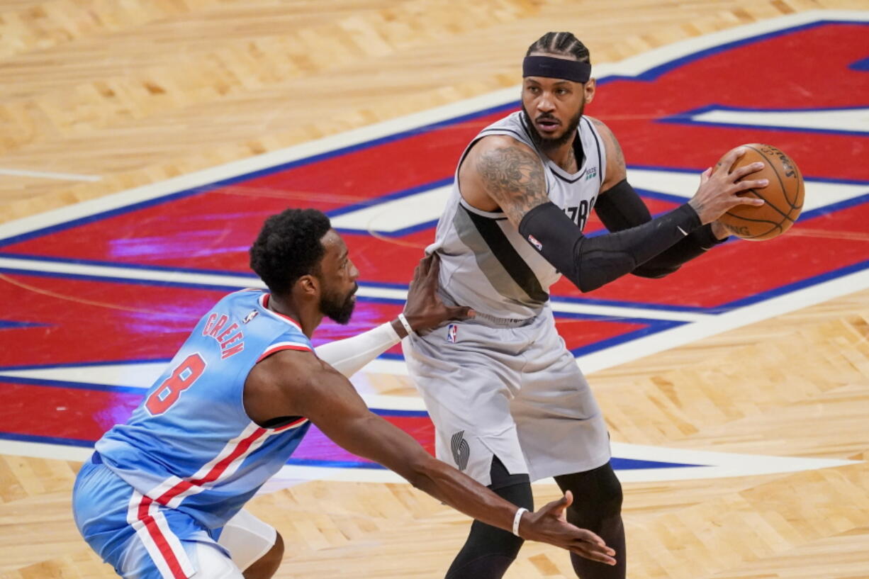 Brooklyn Nets forward Jeff Green (8) guards against Portland Trail Blazers forward Carmelo Anthony (00) during the second half of an NBA basketball game, Friday, April 30, 2021, in New York.