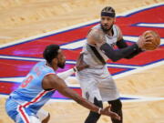 Brooklyn Nets forward Jeff Green (8) guards against Portland Trail Blazers forward Carmelo Anthony (00) during the second half of an NBA basketball game, Friday, April 30, 2021, in New York.