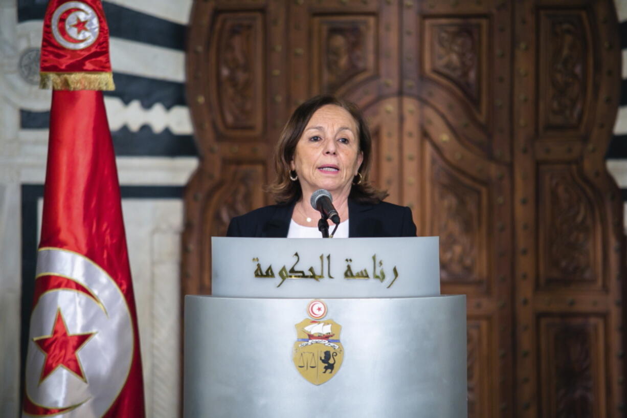 Italy's Interior Minister Luciana Lamorgese delivers a speech in Tunis, Thursday, May 20, 2021. Luciana Lamorgese and European Commissioner for Home Affairs Ylva Johansson are visiting Tunisia in the hope of striking a deal to reduce migrant sea-crossings.