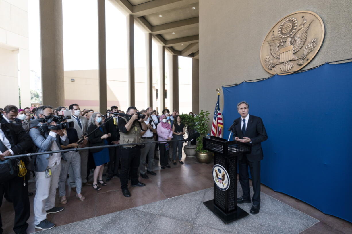 Secretary of State Antony Blinken speaks as he greets staff members of the U.S. Embassy to Egypt, Wednesday, May 26, 2021, in Cairo, Egypt.