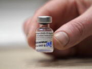 FILE - This Jan. 24, 2021, file photo shows a vial of the Pfizer vaccine for COVID-19 in Seattle. U.S. regulators on Monday, May 10, 2021, expanded use of Pfizer's shot to those as young as 12, sparking a race to protect middle and high school students before they head back to class in the fall. (AP Photo/Ted S.