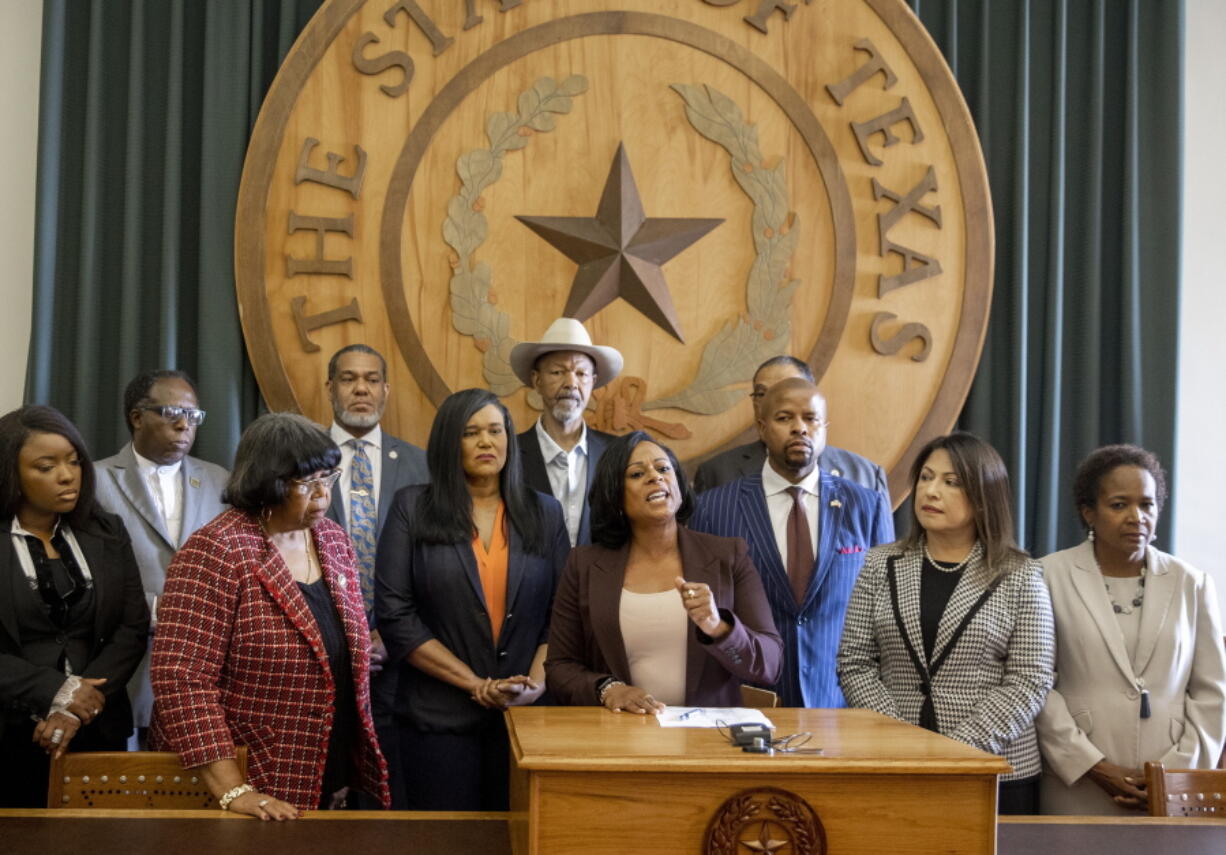 State Rep. Nicole Collier, D- Fort Worth, the chair of the Legislative Black Caucus, speaks at a news conference at the Capitol on Sunday May 30, 2021, against Senate Bill 7, known as the Election Integrity Protection Act. New restrictions on voting in Texas are one step away from the governor's desk. Republicans in the Texas Senate early Sunday muscled through a sweeping measure that would eliminate drive-thru voting and empower partisan poll watchers. It would also impose new limits on Sunday voting, when many Black churchgoers head to the polls.