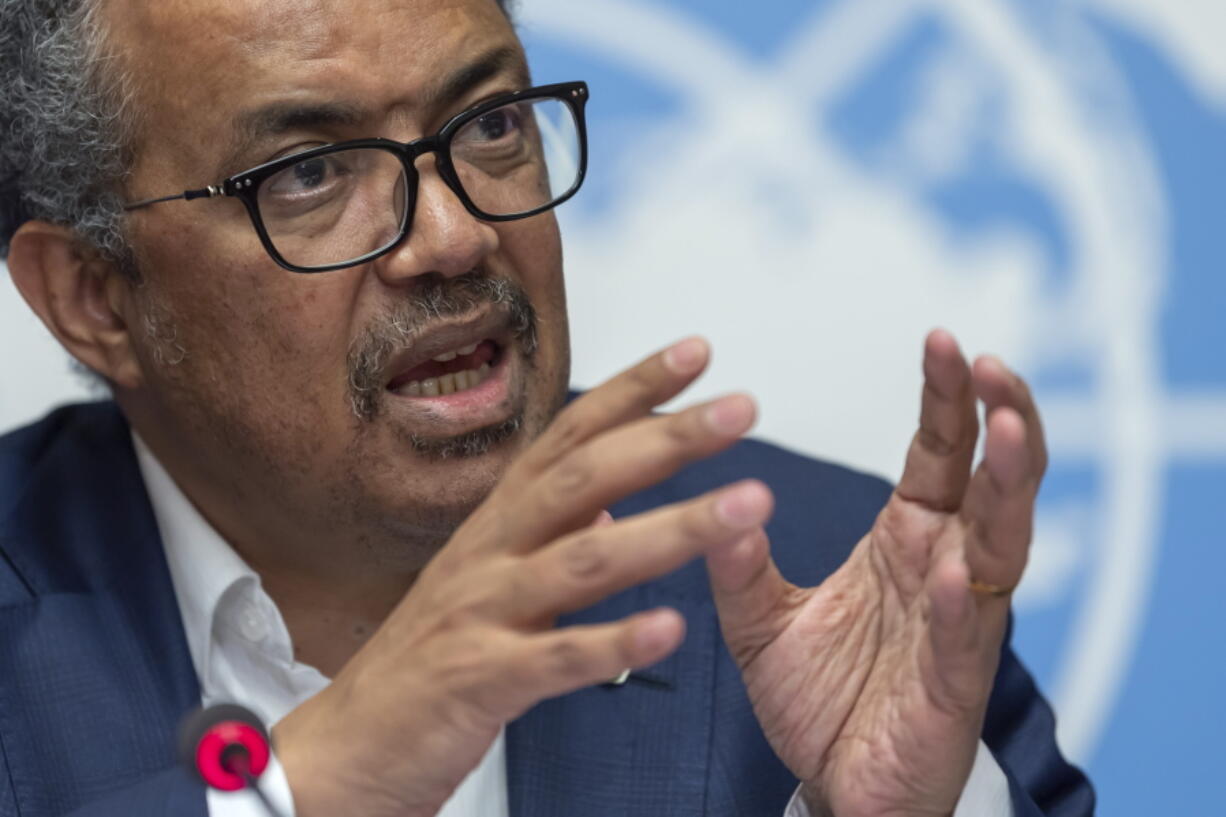 FILE - In this Thursday, March 14, 2019 file photo, Tedros Adhanom Ghebreyesus, Director-General of the World Health Organization (WHO) speaks at the European headquarters of the United Nations in Geneva, Switzerland about the update on WHO Ebola operations in the Democratic Republic of the Congo (DRC). The head of the World Health Organization acknowledged the U.N. agency's response to allegations of sexual abuse perpetrated by its own staffers during an Ebola outbreak in Congo was "slow" after being pressed on the issue by numerous countries following an Associated Press investigation that revealed senior management were informed about sexual misconduct complaints.