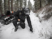 WDFW biologst Ben Maletzke identifies wolf predator tracks, on Tuesday, January 26, 2021.