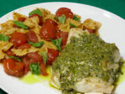 Sauteed Cod With Pesto Sauce and Farfalle With Cherry Tomatoes and Coriander (Linda Gassenheimer/TNS)