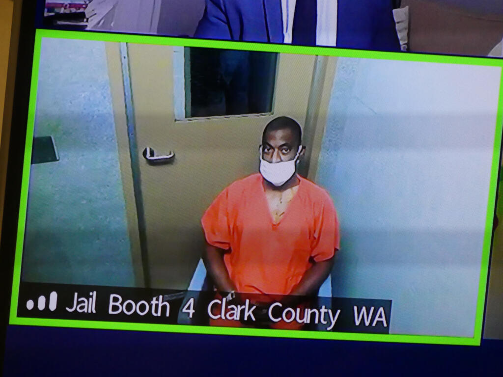 Vencine Hadley, 47, appears July 14, 2021, in Clark County Superior Court for a review hearing to add a charge of attempted first-degree assault. Hadley was shot by law enforcement officers June 3 after a high-speed chase on southbound Interstate 5 from Kelso to the La Center exit.