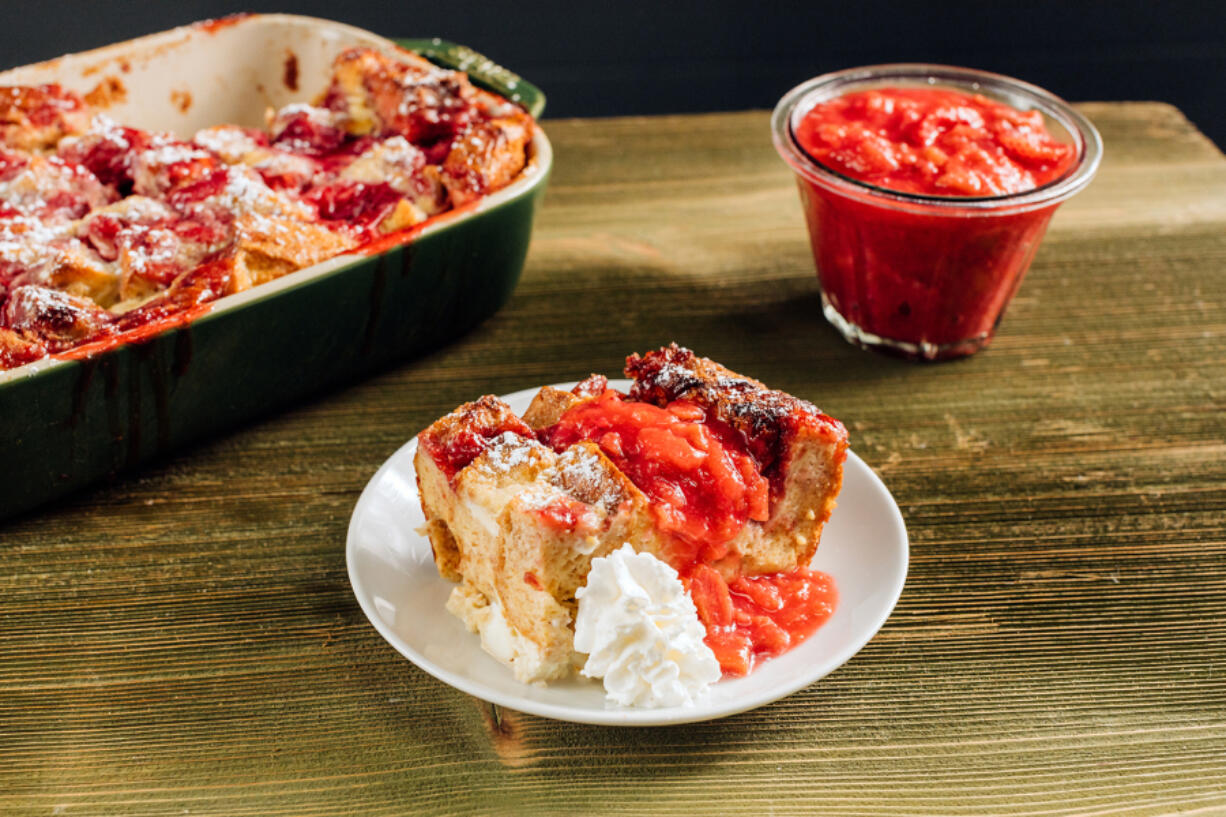 Strawberry rhubarb bread pudding.