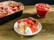 Strawberry rhubarb bread pudding.