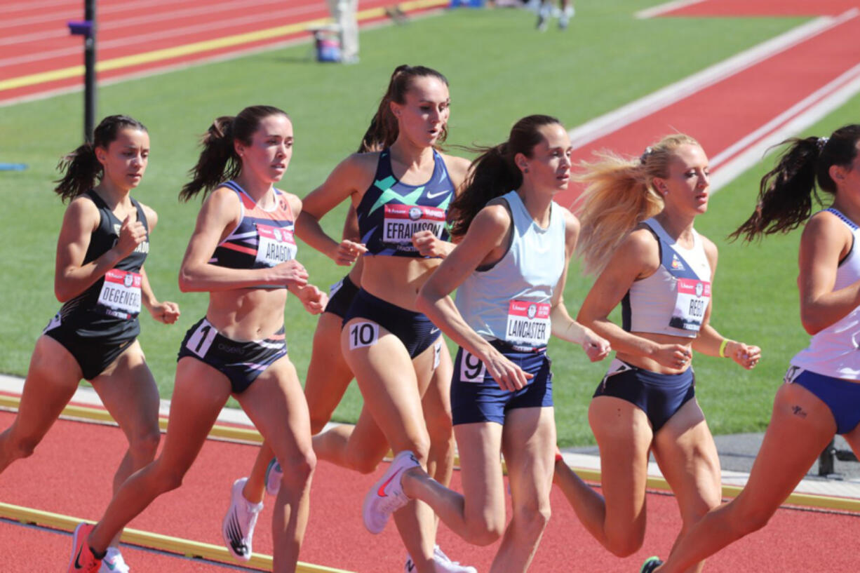 Alexa Efraimson (10), a Camas High grad, competes in the second heat of the women's 1,500 meters at the U.S. Olympic Track and Field Trials on Friday, June 18, 2021, at Hayward Field in Eugene.