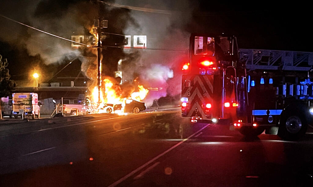 A car crashed into a utility pole Monday night in Hazel Dell, causing the car and power pole to burst into flames.