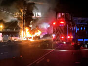 A car crashed into a utility pole Monday night in Hazel Dell, causing the car and power pole to burst into flames.