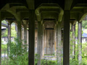 The underside of the northbound I-5 East Fork Lewis River bridge stands above Paradise Point State Park.