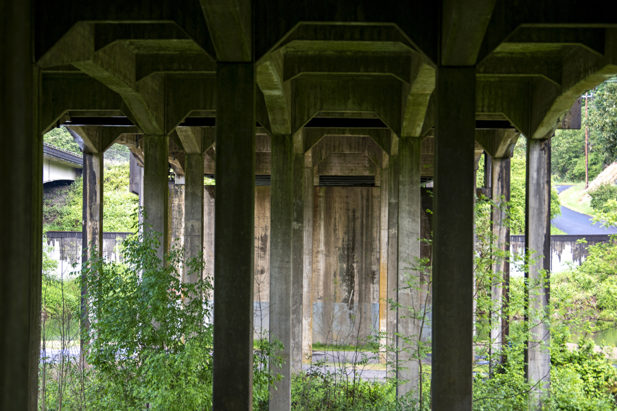 The underside of the northbound I-5 East Fork Lewis River bridge stands above Paradise Point State Park.