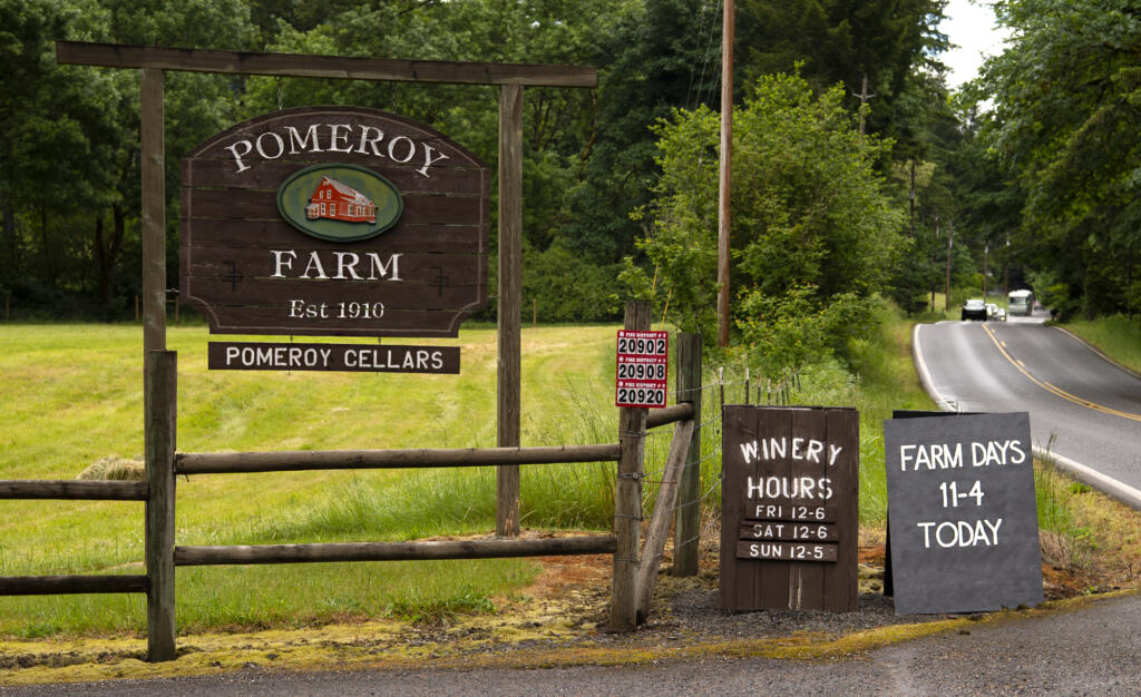 Signs alert travelers to the Pomeroy Farm Days on Saturday, June 5, 2021, in Yacolt.