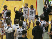 Union's head coach Blake Conley talks to his team during a timeout during the 4A/3A GSHL boys basketball playoff game at Union High School on Thursday, June 3, 2021.