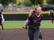 Battle Ground’s Rylee Rehbein celebrates after getting her 10th strikeout to end the game in the 4A/3A Greater St. Helens League district championship game on Saturday, June 5, 2021, at Camas High School. Battle Ground defeated Mountain View 8-0 to take the title.