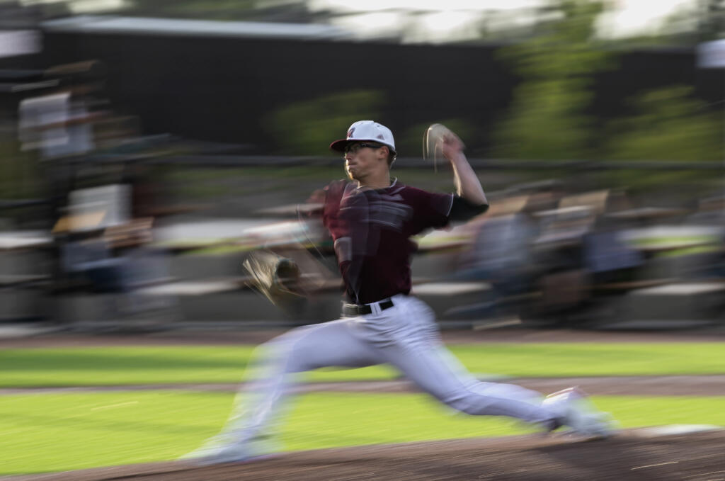 Ridgefield’s Joey Martin throws a pitch in a West Coast League baseball game on Tuesday, June 8, 2021, at the Ridgefield Outdoor Recration Complex. Martin led the WCL in strikeouts in 2019.