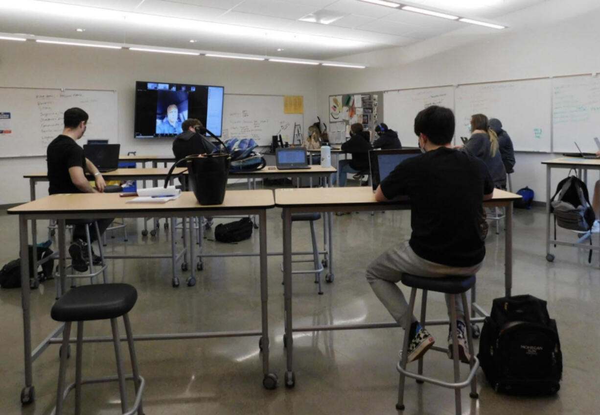 RIDGEFIELD: Andrea Reinertson's Marketing II students participate in a conference call with Mike Bomar, director of economic development at the Port of Vancouver.