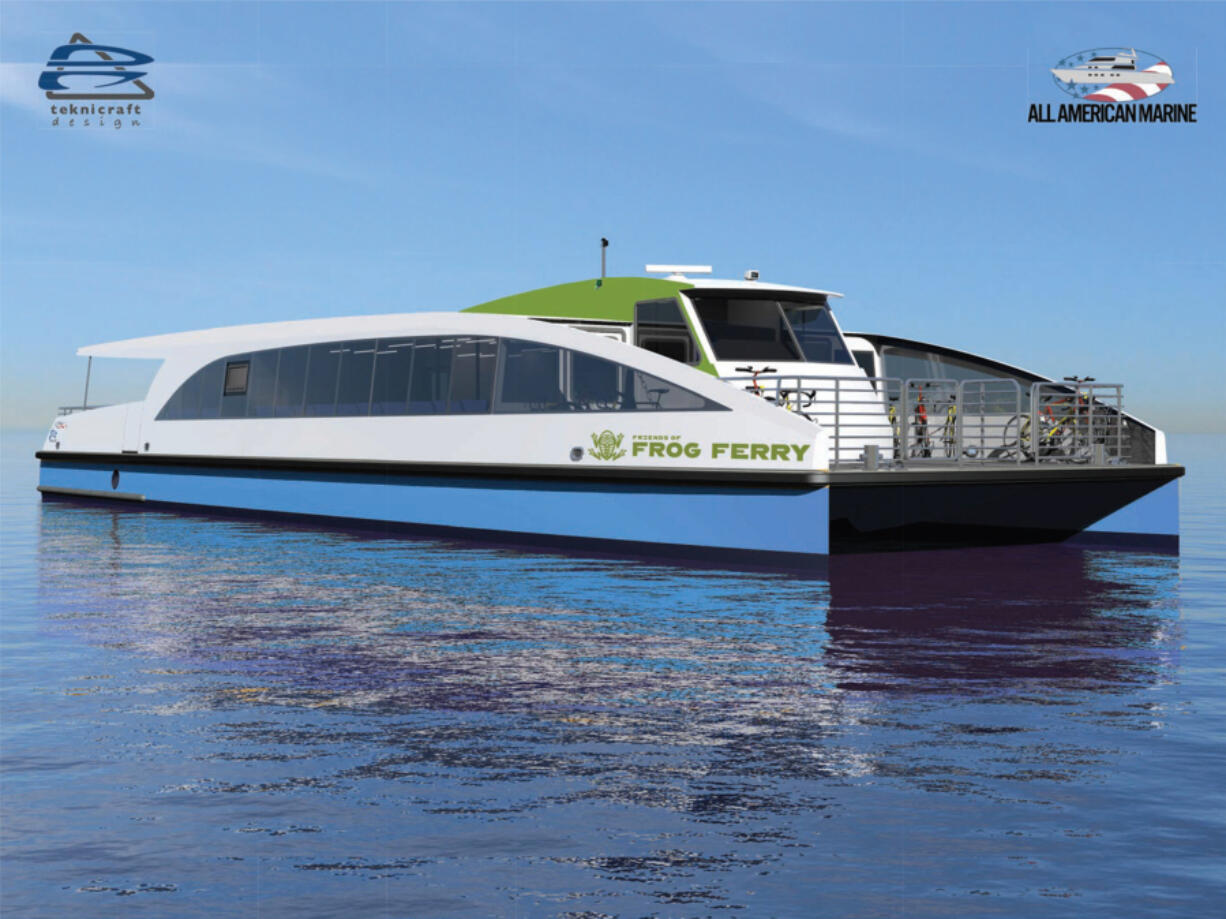 Conceptual renderings detail the envisioned design of the prototype Frog Ferry vessel, which will be built by All American Marine, based in Bellingham. The 65-foot vessel would be short enough to fit under Portland's Steel Bridge without requiring a bridge lift on most days.