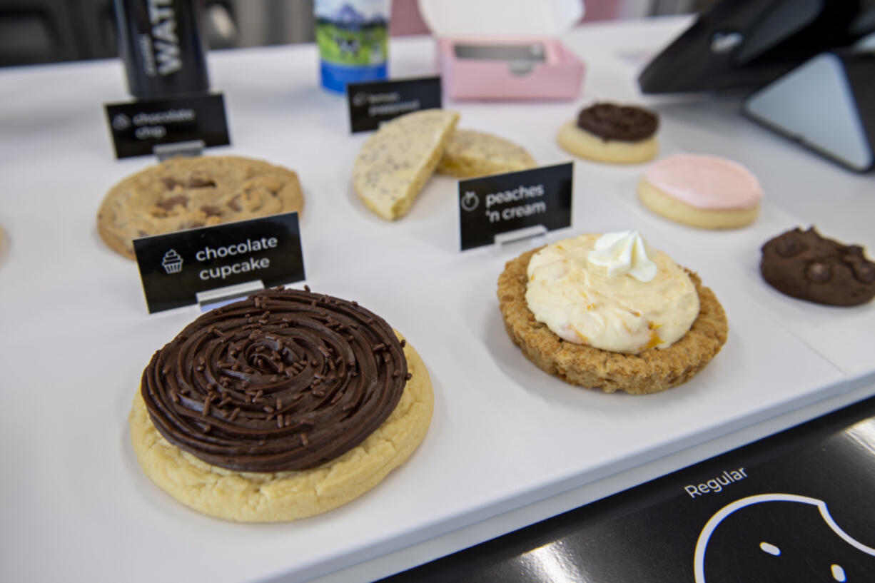 A selection of cookies are on display for customers at the new Crumbl Cookies in Hazel Dell.